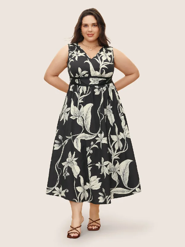 Plus size dresses with short sleeves suit spring -Floral Print Gathered Pocket Tank Dress