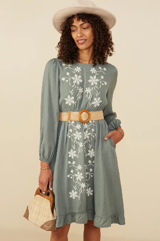 Plus size dresses with elastic waists stretch easily -Floral Embroidered Ruffle Hem Long Sleeve Dress