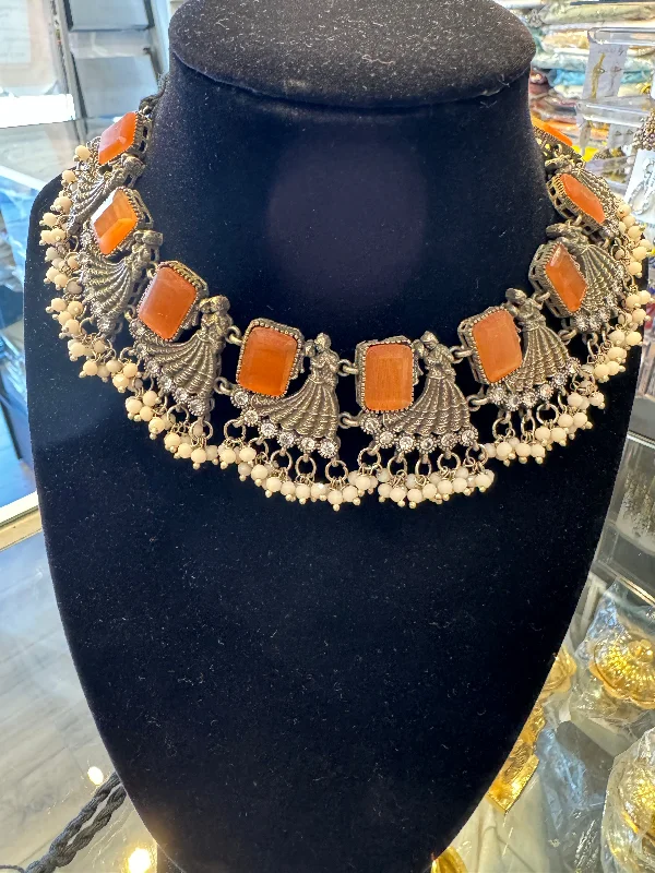 Stunning necklaces and pendants with aquamarine stones for a serene effect-Beautiful Pastel Orange Color Stone Studded Oxidized Designer Necklace for Women