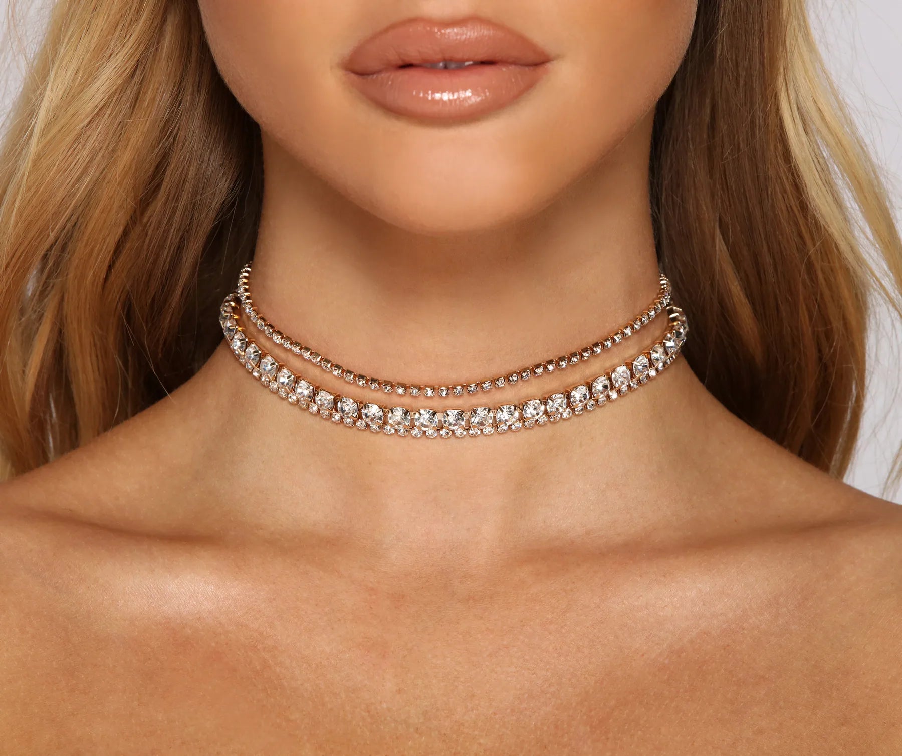 Beautiful necklaces and pendants with layered chains for a fashionable, chic look-Triple Threat Rhinestone Choker Set