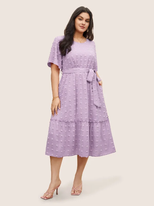 Plus size dresses featuring tiered skirts feel fun -Solid Textured Patchwork Frill Trim Belted Dress