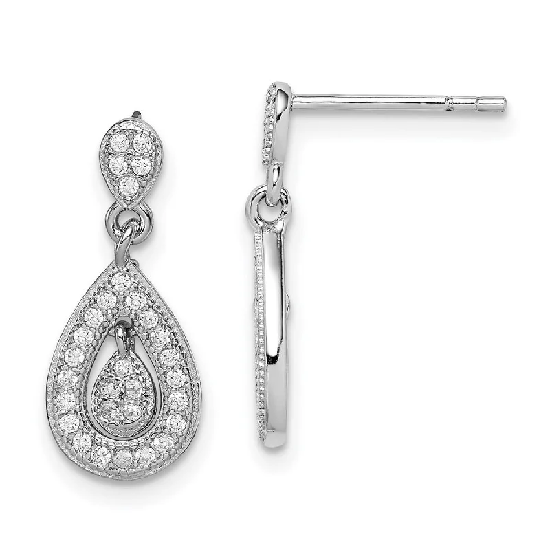 Silver Drop Earrings for Men -Curata 925 Sterling Silver CZ Cubic Zirconia Pavé Pear Dangle Post Earrings (8mm x 18mm)