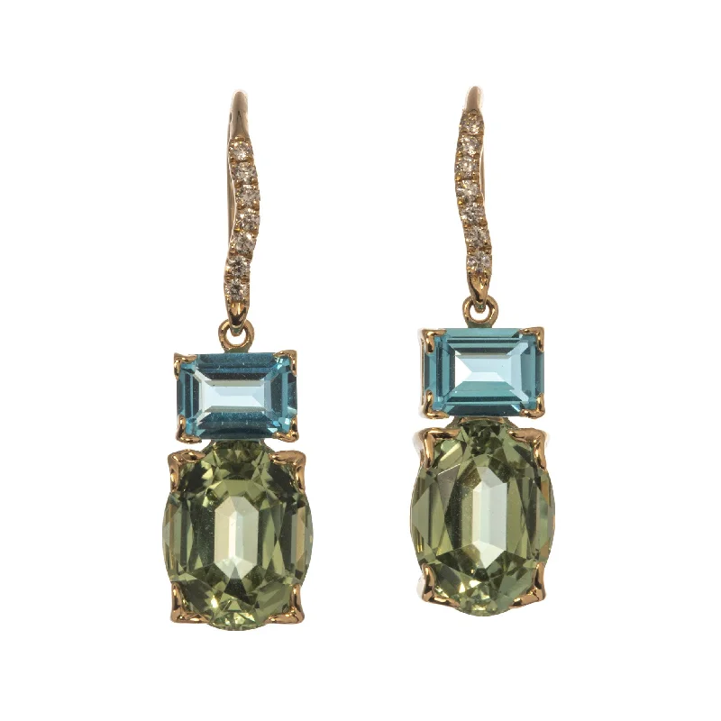 Silver Drop Earrings for Men -Green Tourmaline & Blue Topaz 14K Gold River Earrings