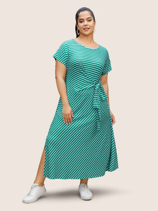 Plus size dresses for casual Fridays stay relaxed -Striped Tie Knot Batwing Sleeve Split Side Dress