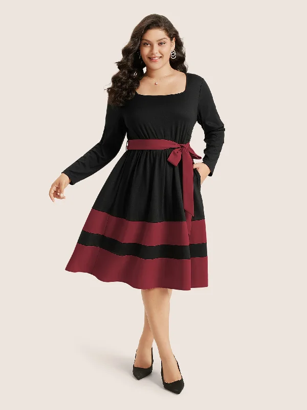 Plus size dresses for elegant dinners glow softly -Two Tone Belted Bowknot Square Neck Dress