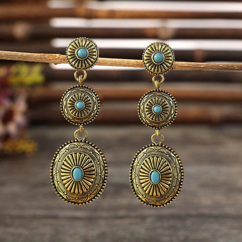 Screw Back Drop Earrings for Security -Wholesale Retro Ethnic Style Golden Pumpkin Flower Inlaid Turquoise Long Alloy Earrings