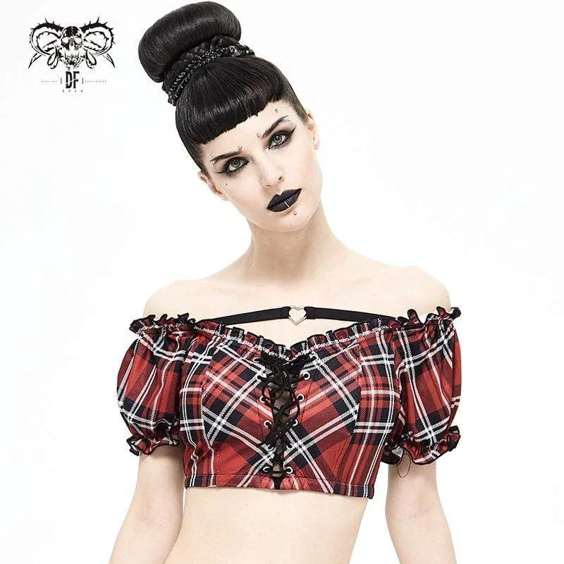 Formal T-Shirts for Occasions -Women's Grunge Red Scottish Check Lace Longline Swim Top