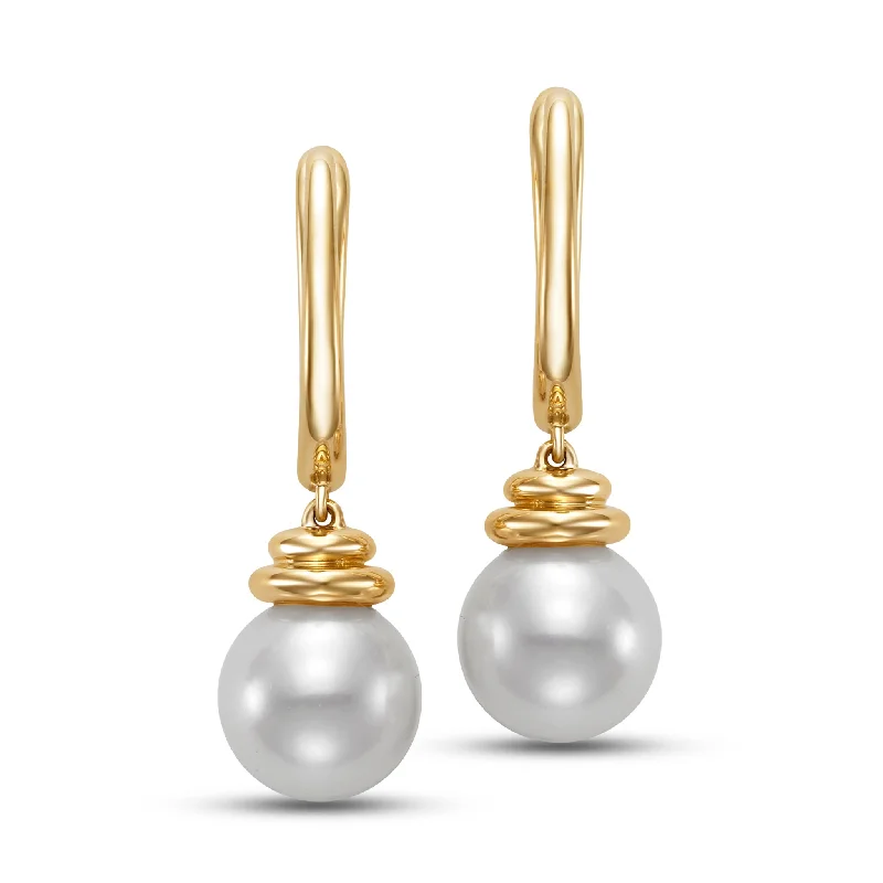 Drop Earrings with Embossed Patterns -Freshwater Pearl 14K Yellow Gold Drop Earrings