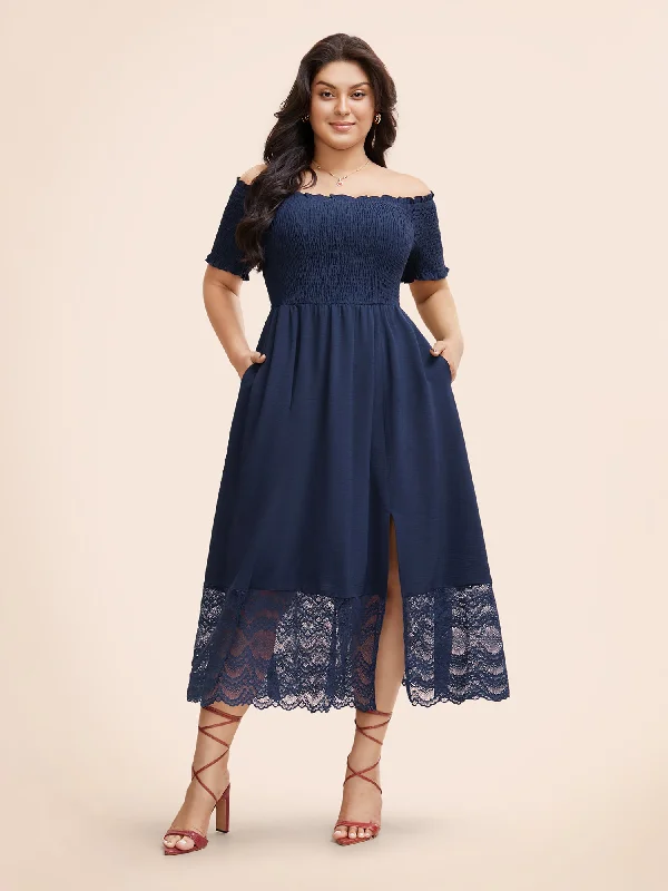 Plus size dresses for stylish looks stay cool -Off Shoulder Shirred Lace Patchwork Dress