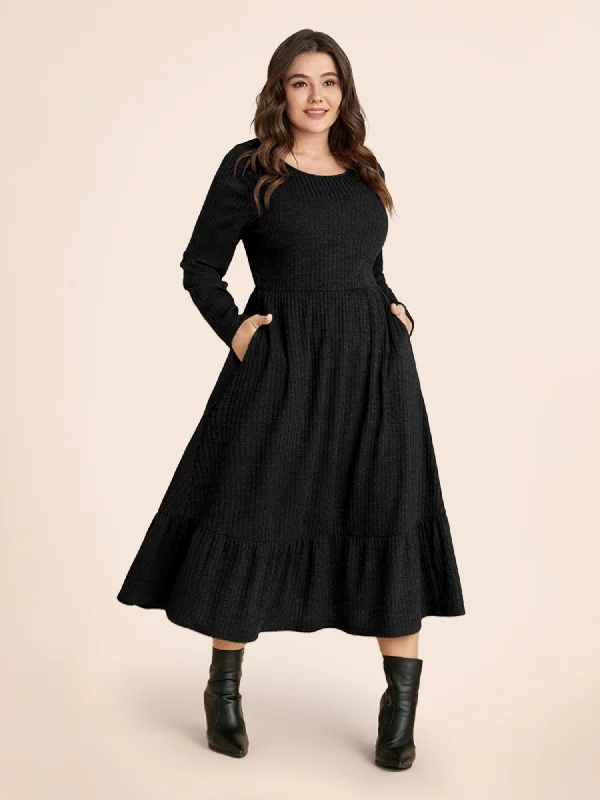 Plus size dresses featuring wrap styles are versatile -Solid Pocket Rib Knit Ruffle Hem Dress Without Belt