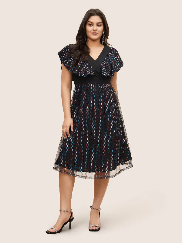 Plus size dresses with classic designs never fade -Sequin Patchwork Pocket Flutter Cap Sleeve Dress