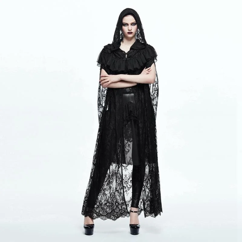 V-Neck T-Shirts for Flattering Look -Women's Goth Long Lace Ruffled Cape