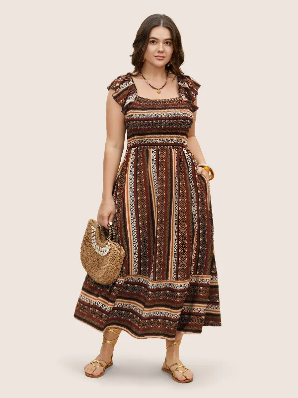 Plus size dresses with fit-and-flare shapes flatter -Bandana Striped Shirred Ruffle Trim Dress