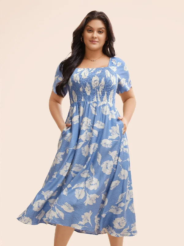 Plus size dresses featuring sequins sparkle subtly -Square Neck Silhouette Floral Print Shirred Dress