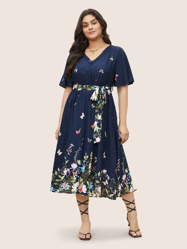 Plus size dresses with soft cotton feel comfy -Floral & Butterfly Print Contrast Lace Pocket Belted Ruffles Dress