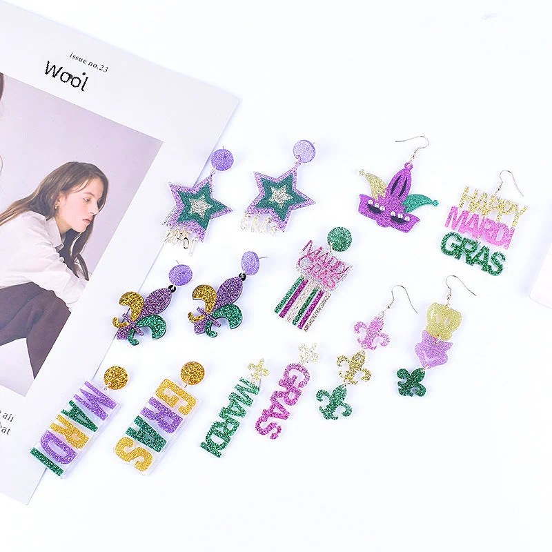 Round Drop Earrings for Classic -Wholesale Carnival earrings purple green yellow five-pointed star Crown Clown mask lobster earrings