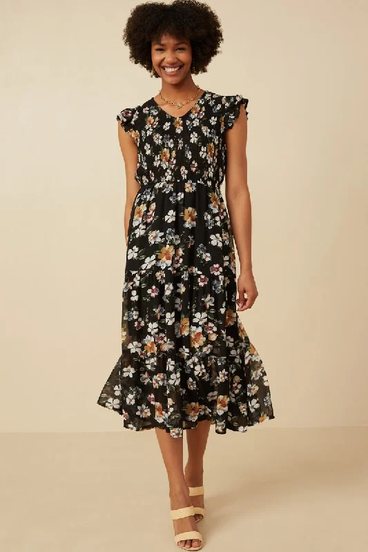 Plus size dresses featuring chiffon layers feel airy -Smocked Romantic Floral Ruffled Tank Dress