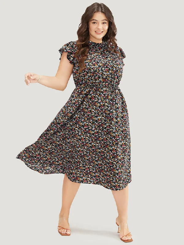 Plus size dresses featuring maxi lengths flow gracefully -Ditsy Floral Ruffle Sleeve Pocket Frill Trim Mock Neck Dress