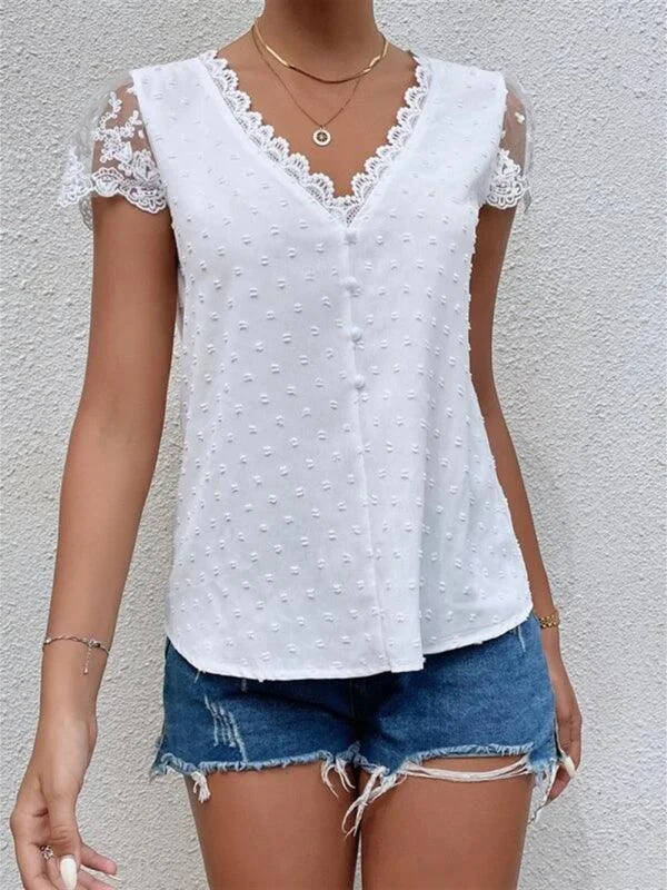 Designer T-Shirts for Luxury Look -V-Neck Lace Women Blouse