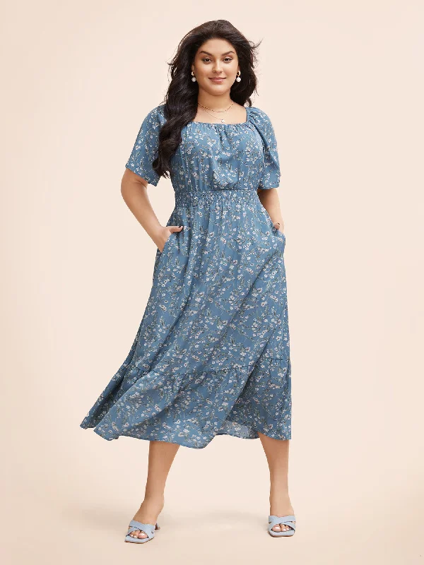 Plus size dresses featuring lace sleeves feel luxe -Ditsy Floral Pocket Square Neck Shirred Ruffles Dress