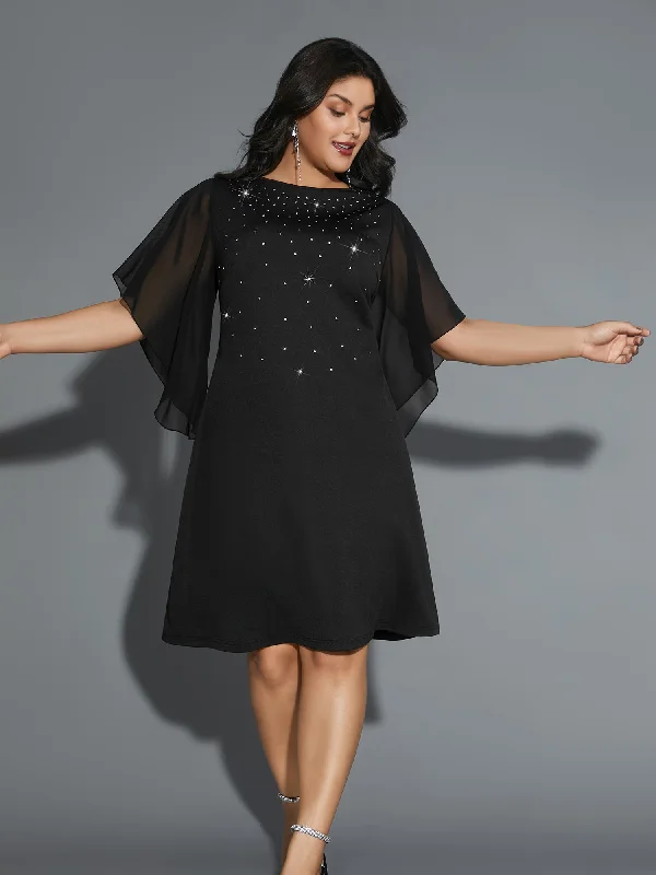 Plus size dresses featuring geometric prints are trendy -Rhinestone Ruffle Sleeve Mesh Patchwork Dress