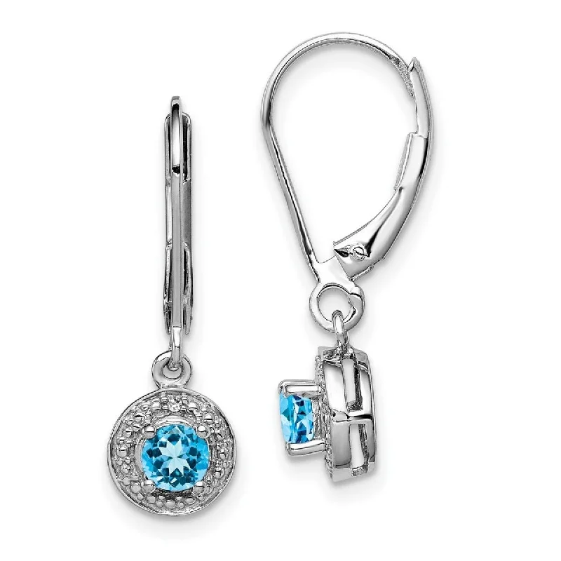 Drop Earrings with Textured Surface -Curata 925 Sterling Silver 26x7mm Diamond and Blue Topaz Leverback Earrings