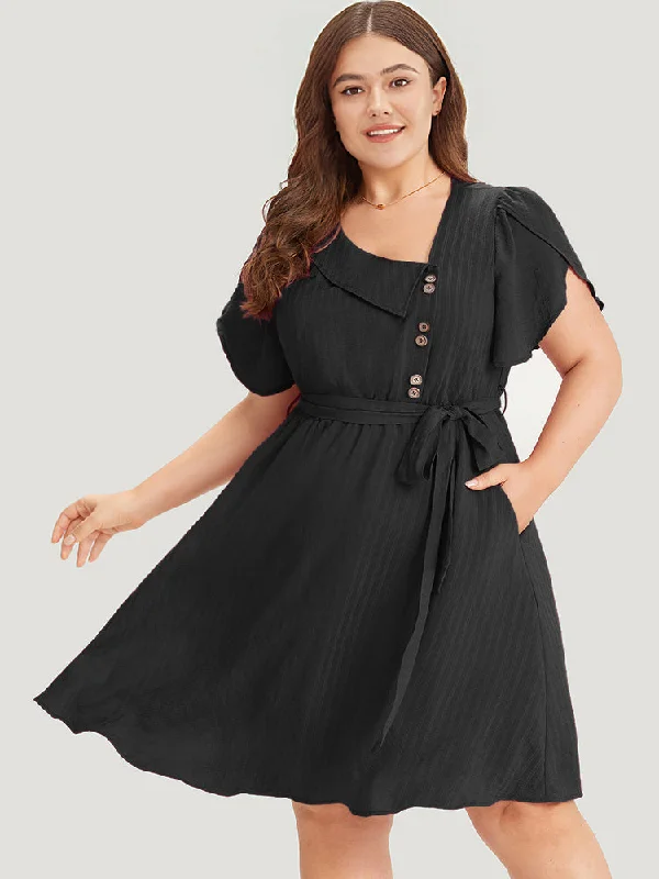 Plus size dresses with soft cotton feel comfy -Solid Irregular Neck Pocket Button Detail Petal Sleeve Dress