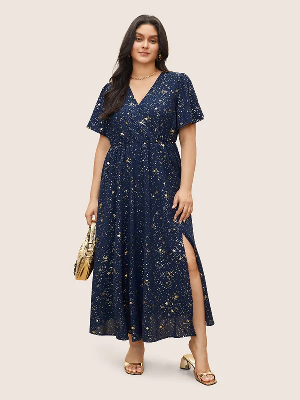 Plus size dresses with bright hues feel lively -Bloom Dress - Star Button Pocket Wrap Split Ruffles Maxi Dress