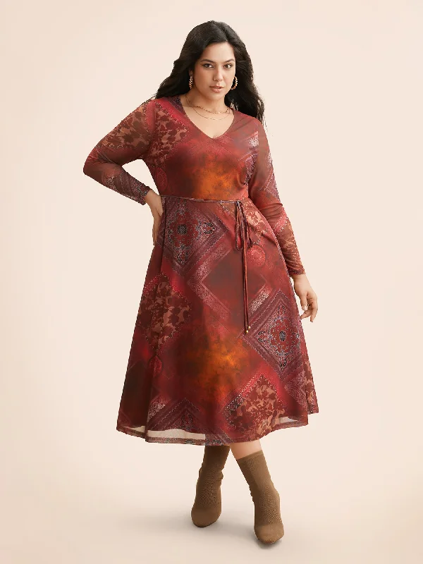 Plus size dresses with supportive linings feel great -Boho Print Belted Mesh Midi Dress