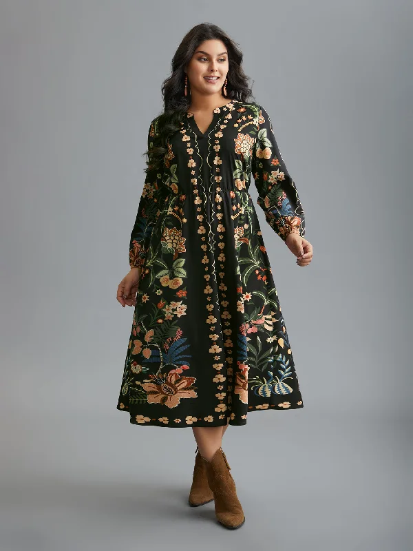 Plus size dresses featuring velvet textures feel plush -Floral Print Notched Collar Elastic Waist Dress