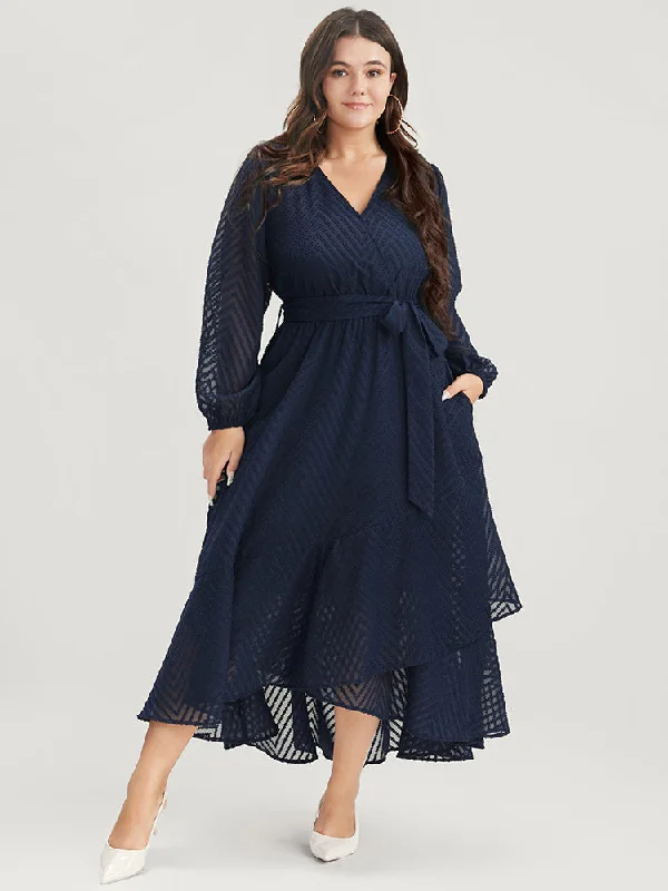 Comfortable plus size dresses for daily wear feel great -Solid Geometric Wrap Pocket Belted Asymmetrical Hem Dress