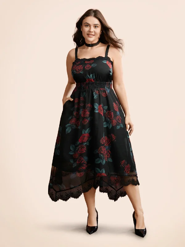 Elegant plus size dresses for weddings fit beautifully -Cami Lace Floral Waist Cinching Midi Dress