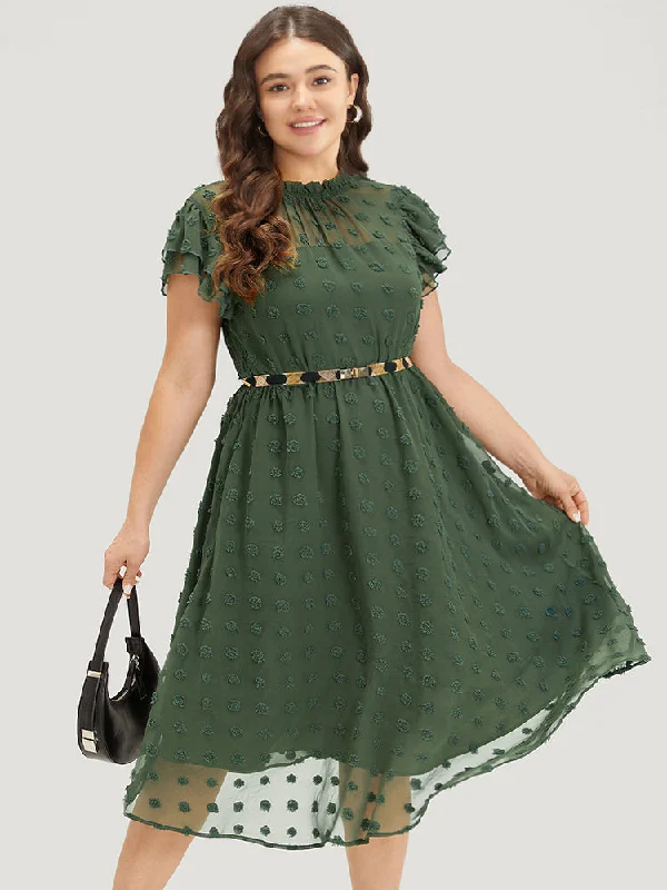 Plus size dresses with fitted bodices shape beautifully -Solid Polka Dot Mesh Frill Trim Flutter Dress