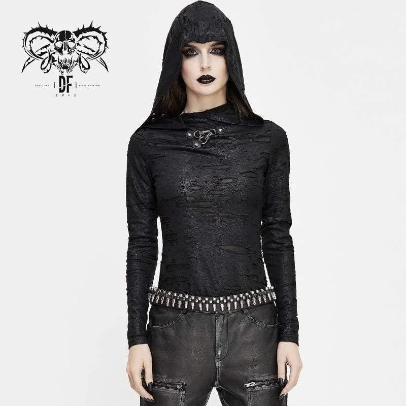 Gym T-Shirts for Training -Women's Grunge Ripped Long Sleeve Tops With Hood