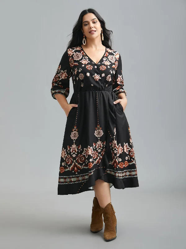 Plus size dresses with tie waists adjust perfectly -Floral Print Wrap Ruffled Hem Dress