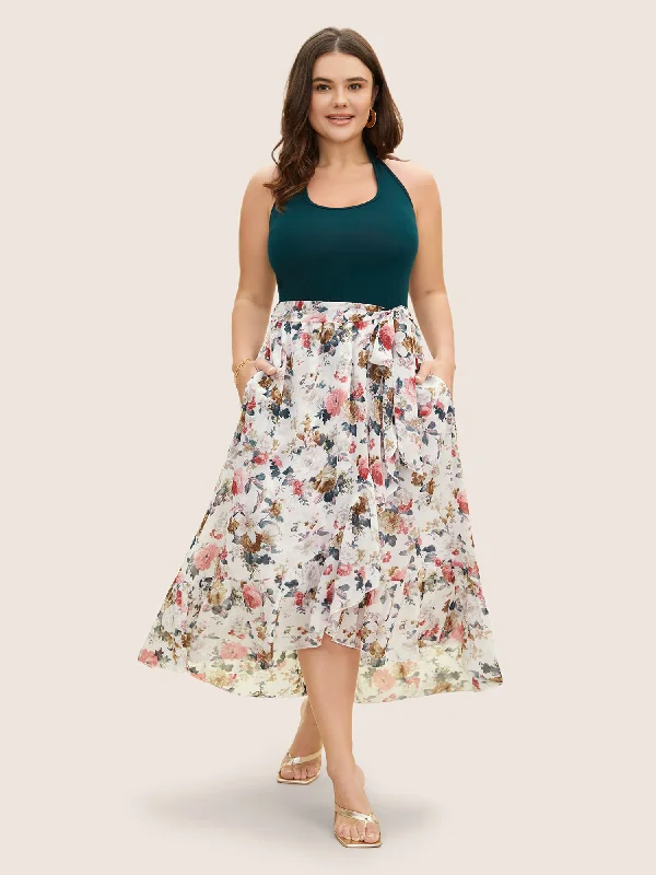 Plus size dresses for special occasions dazzle effortlessly -Halter Neck Patchwork Floral Belted Dress