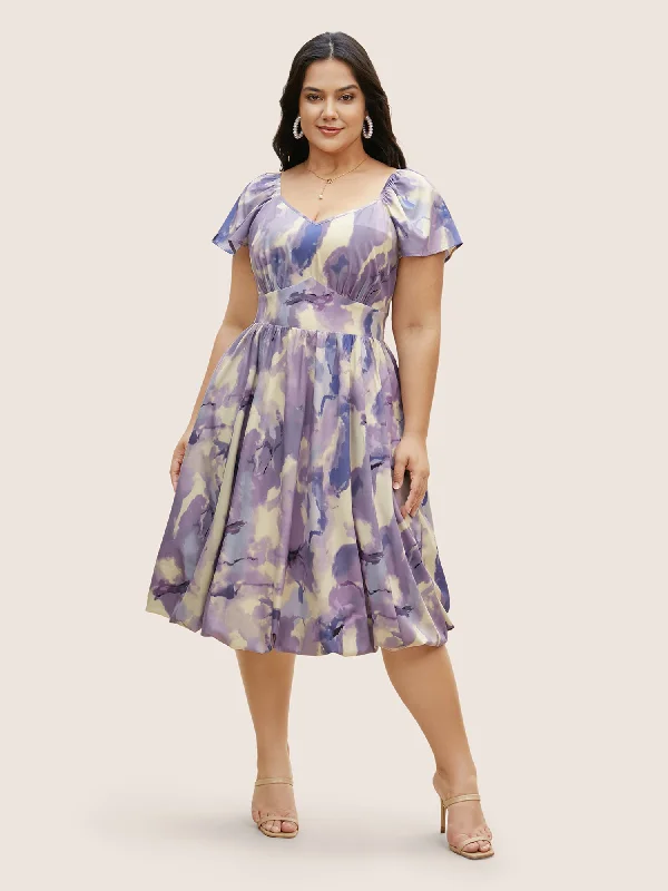 Plus size dresses with lightweight materials feel easy -Watercolor Floral Ruffles Shirred Gathered Dress