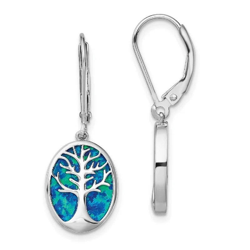 Hypoallergenic Drop Earrings for Sensitive -Curata Sterling Silver Simulated Opal Tree Of Life Leverback Earrings 30.9x11.4mm