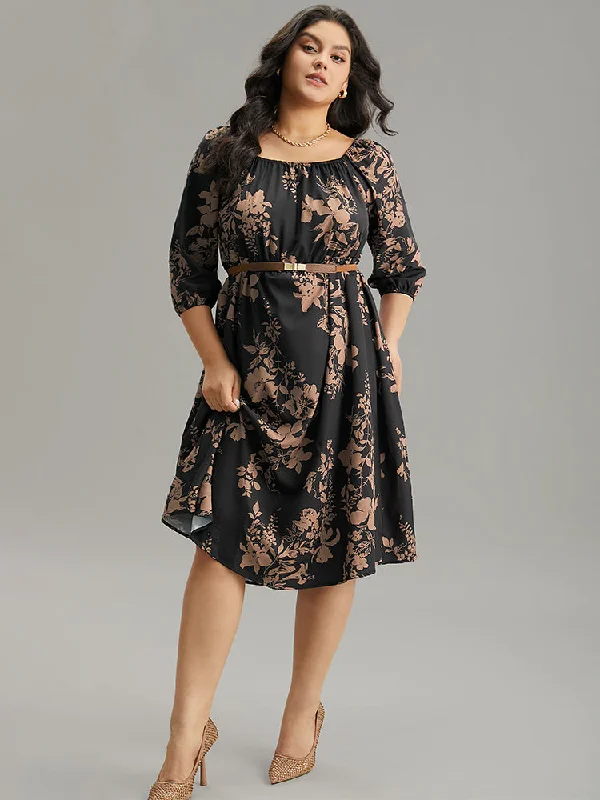 Plus size dresses for special occasions dazzle effortlessly -Silhouette Floral Print Elastic Cuffs Dress