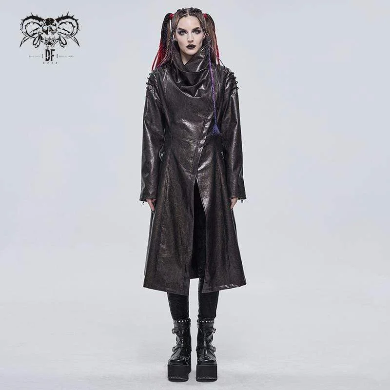 Studded T-Shirts for Edgy Style -Women's Gothic Stand Collar Zipper Faux Leather Long Coat Dark Gold