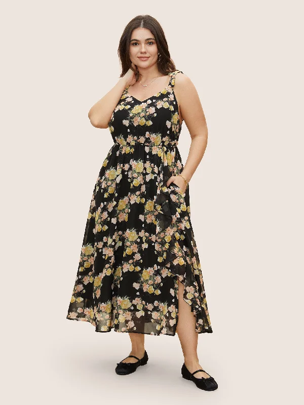 Plus size dresses featuring boho vibes are chic -Floral Tie Knot Elastic Waist Dress