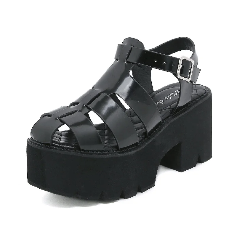 Pool T-Shirts for Swimming Time -Women's Punk Patent Leather Buckle Platform Sandals