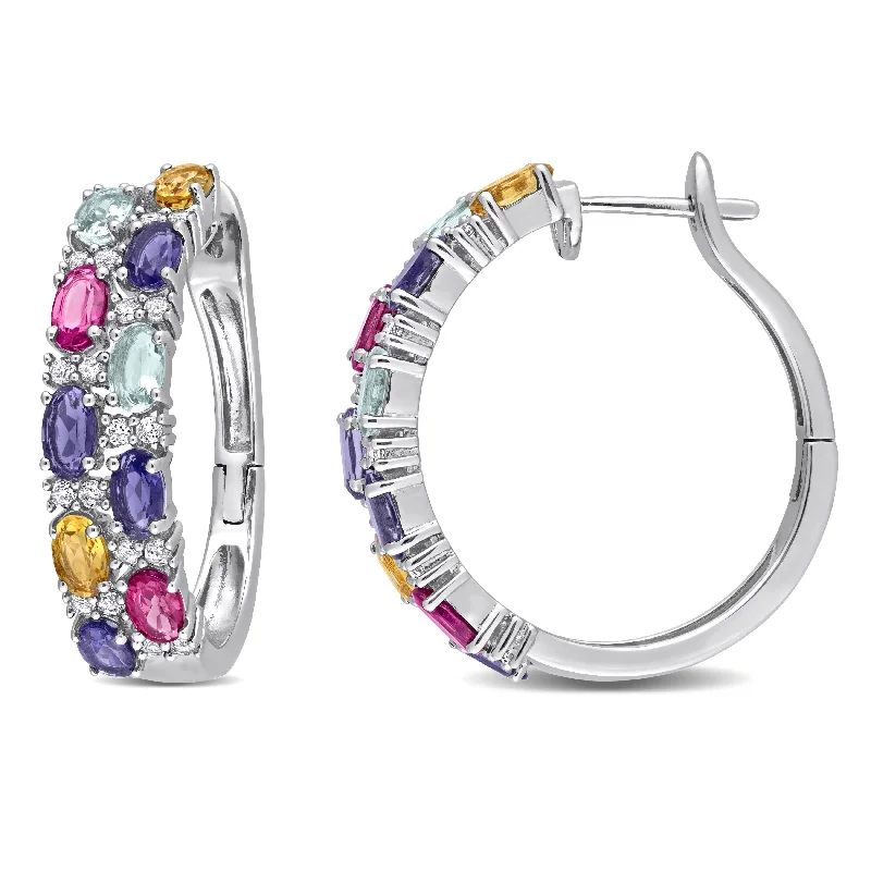 Diamond Drop Earrings for Luxury -Miadora Oval-cut Multi-Gemstone Multi-Row Hoop Earrings in Sterling Silver