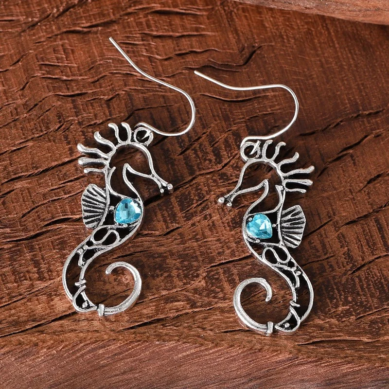 Drop Earrings with Floral Motifs -Wholesale Blue Gem Hollow Design Seahorse Fashion Creative Marine Life Earrings