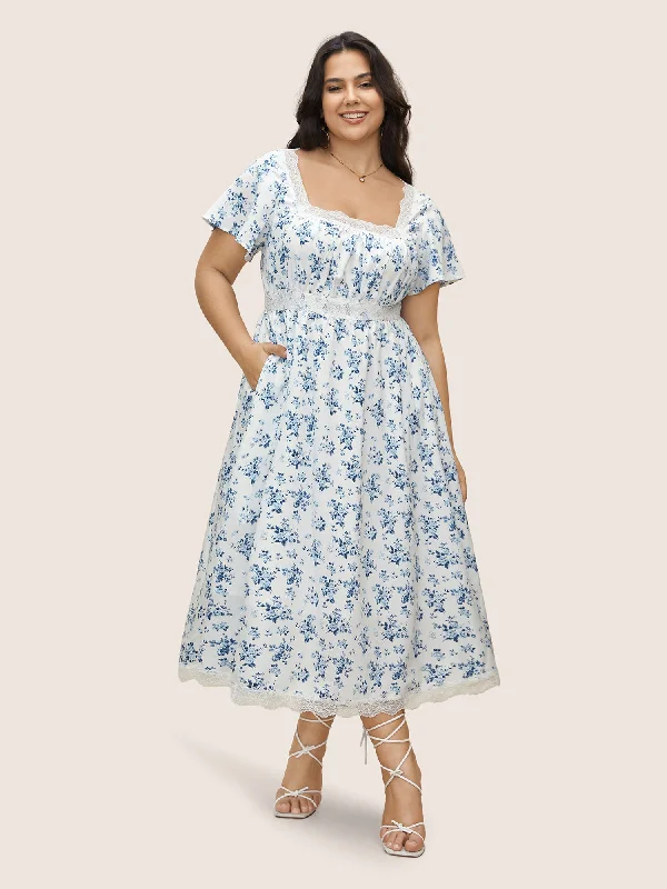 Plus size dresses featuring striped patterns are fresh -Square Neck Lace Panel Pocket Dress