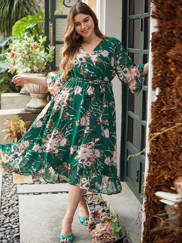 Plus size dresses for bridal parties glow elegantly -Floral Print Surplice Neck Belted Dress