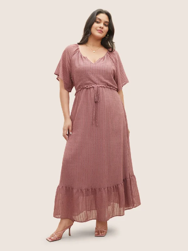 Plus size dresses featuring fringe accents feel bold -Solid Striped Notched Ties Up Pocket Flutter Maxi Dress