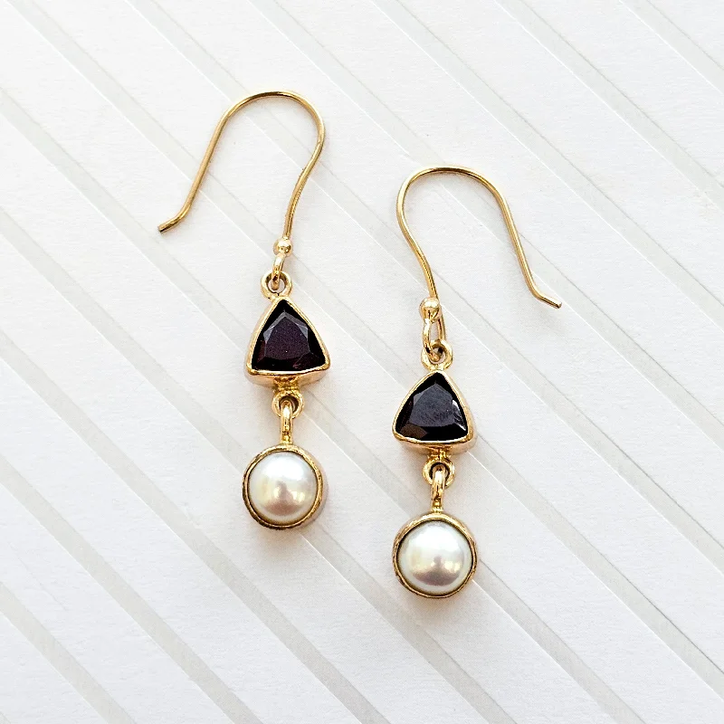 Drop Earrings with Etched Designs -Alchemia Garnet and Pearl Drop Earrings