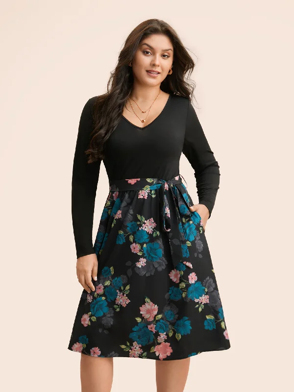 Plus size dresses with V-necks elongate figures -V Neck Floral Patchwork Belted Dress