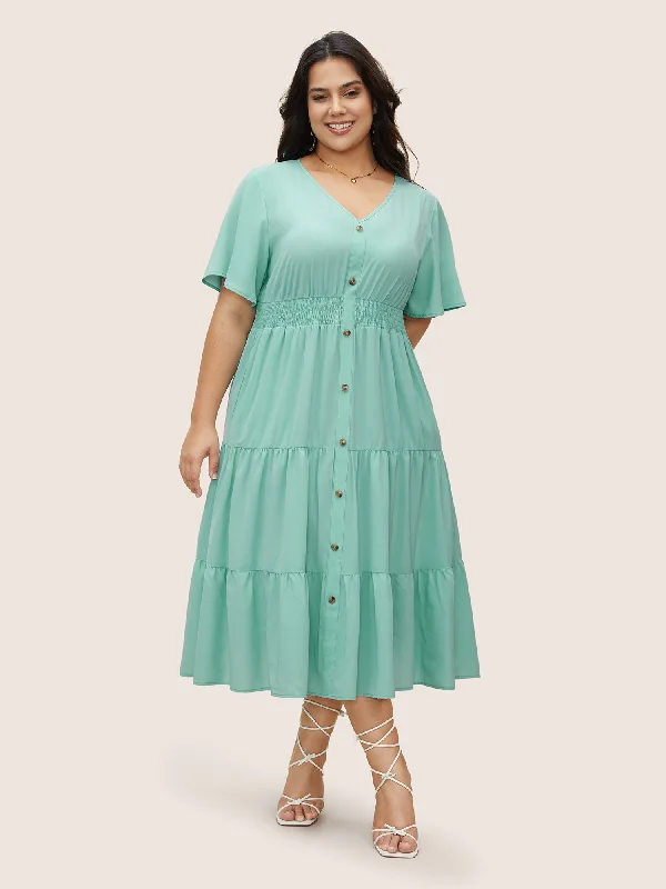 Plus size dresses for bold looks stand out -V Neck Shirred Ruffle Layered Hem Dress